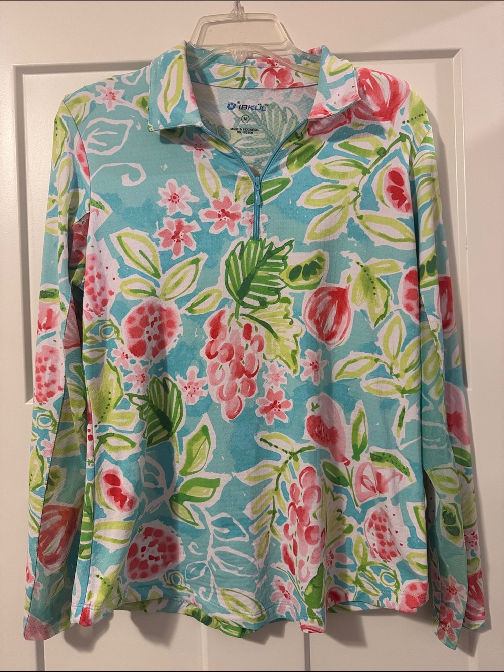 IBKUL Aqua Floral Quarter-Zip Top with Pink & Green Accents
